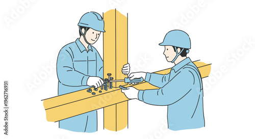 Construction workers assembling wooden beam with tools, flat design