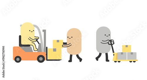 Cute cartoon characters in warehouse logistics, flat vector style