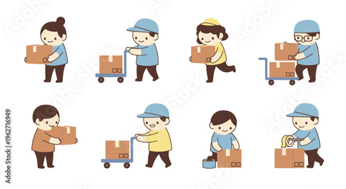 Flat Cartoon Vector Illustration: Delivery, Logistics  Moving Service Staff Packing Boxes