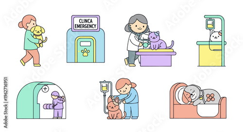 Cute Flat Outline Vector Set: Veterinary Pet Care, Animal Clinic, and Health Services