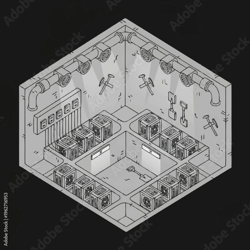 Isometric illustration of a cryptocurrency mining farm with multiple computers and ventilation systems.