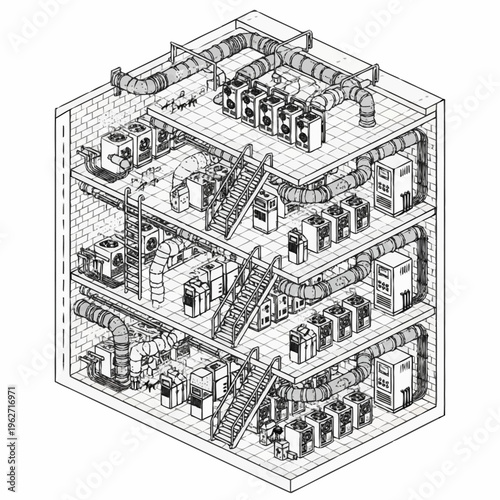 Isometric illustration of a multi-story building's HVAC system with ductwork and air conditioning units.