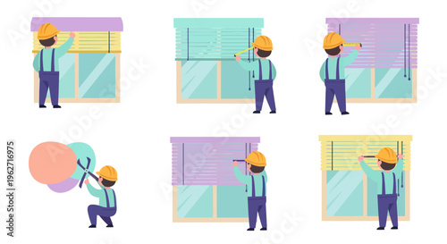 Flat Vector Illustration of Home Improvement Workers Installing Window Blinds