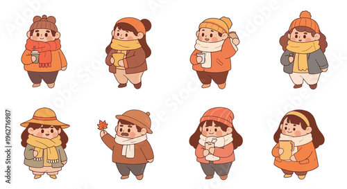 Cute Chibi Characters in Autumn Clothes with Warm Drinks - Seasonal Lifestyle Vector Illustration
