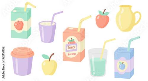 Cute Flat Vector Food  Drink Set: Fruit Juices, Beverages, Boxes, Cups  Pitcher Illustration