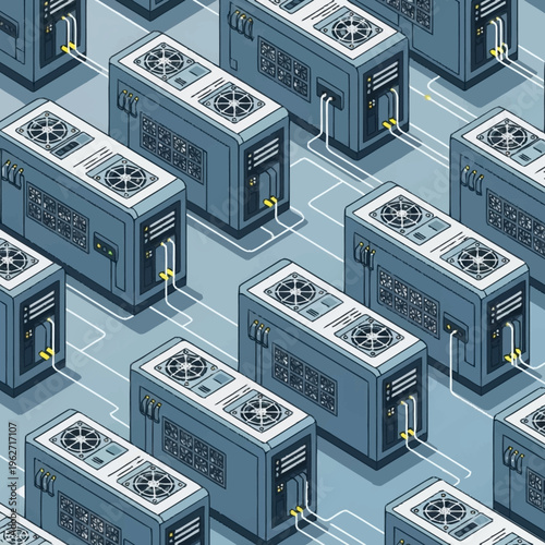 Isometric view of a server farm with multiple cooling fans and connected cables, representing data processing and technology.