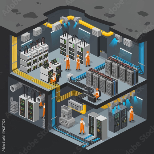 Isometric view of a cryptocurrency mining farm with servers, workers, and ventilation systems.