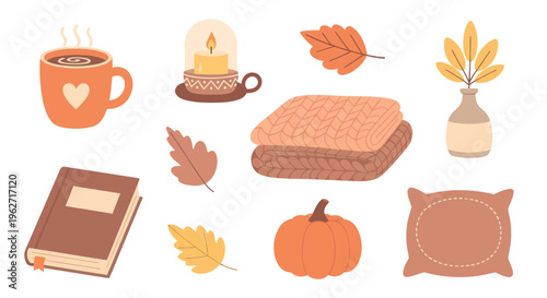 Cozy Autumn Fall Flat Vector Illustration Set: Hygge Lifestyle Elements  Fall Decor