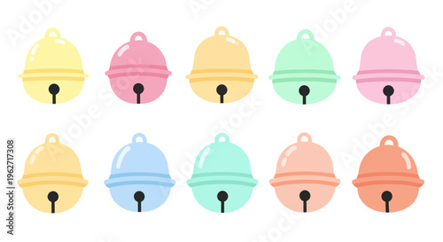 Cute Flat Vector Jingle Bells Set. Colorful Pastel Cartoon Bells for Celebration and Pet Accessories.