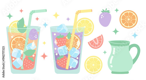 Pastel Flat Illustration of Summer Iced Drinks with Fruit Slices and Pitcher for Food  Beverage