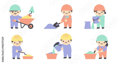 Cute Construction Workers Mixing Cement and Materials Process Flat Illustration Set