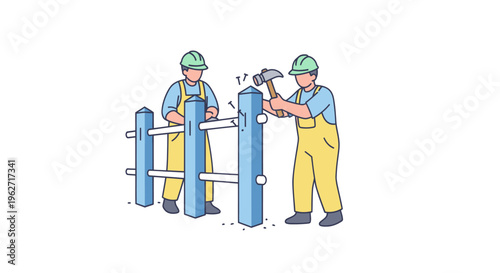 Construction Workers Building Wooden Fence with Hammer and Nails Outline Illustration