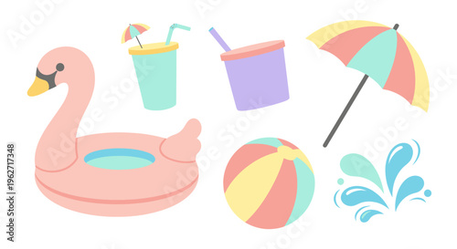 Flat Vector Summer Vacation Objects Collection. Beach Ball, Umbrella, Pool Float  Drinks Illustration