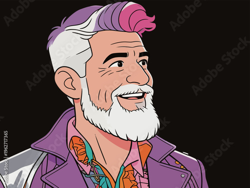 A man smiles while wearing a colorful outfit and a purple jacket against a black background during an animated scene