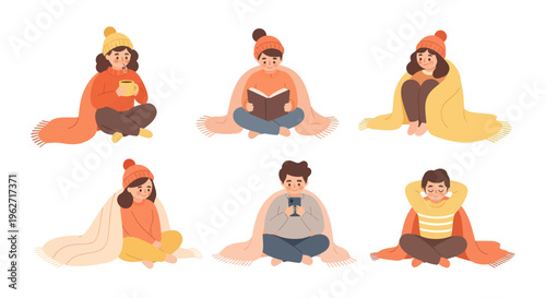 Cozy People in Blankets Flat Illustration - Warm Autumn Winter Lifestyle Comfort Vector Set