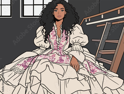 Model sits on stairs wearing a long white dress with floral design in bright room during a fashion shoot