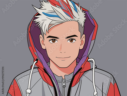 Young person with colorful hair wearing a red and gray jacket smiles in a plain background during daytime