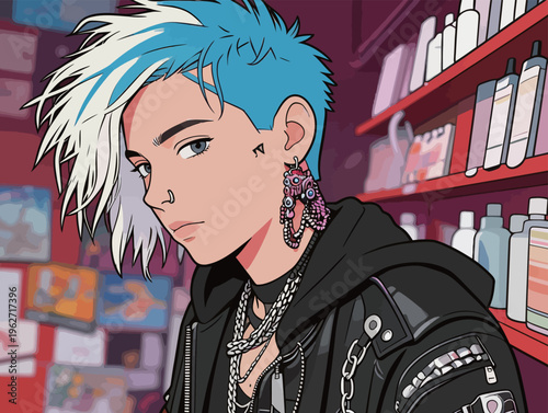 Young person with blue hair and earrings stands in a store filled with products and shelves in a city setting