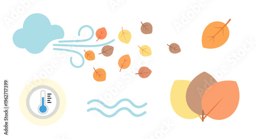 Flat Vector Autumn Weather Elements Set: Wind, Falling Leaves, Cold Temperature, Water Icon.