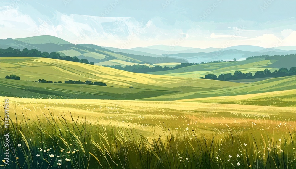 Obraz premium Golden wheat field at sunrise with rolling hills and soft morning light