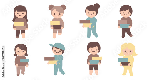 Cute Flat Vector Characters Carrying Boxes for Delivery, E-commerce, and Logistics
