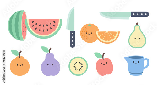 Cute Flat Style Healthy Food and Kitchen Vector Icons: Fruits, Knives, Pitcher Illustration