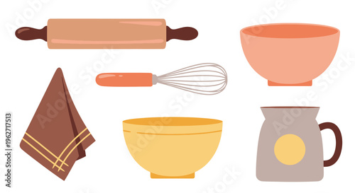 Food and Baking Kitchen Utensils Flat Vector Illustration. Rolling Pin, Whisk, Bowls, Towel, Flour Bag.