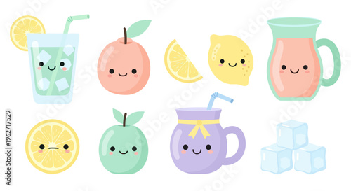 Cute Flat Food  Drink Cartoon Characters: Happy Fruits, Refreshing Drinks  Ice Cubes
