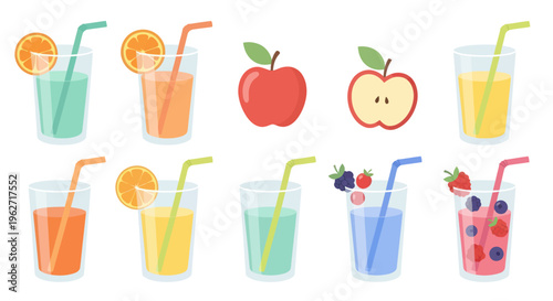 Flat Vector Food  Drink Icons: Refreshing Fruit Juices, Smoothies, and Apples Set