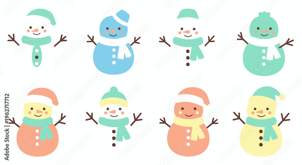 Fototapeta premium Christmas Winter Holiday Celebration Cute Flat Cartoon Snowmen Vector Illustration Set