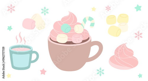 Cozy Winter Food  Drink Flat Vector Illustration with Hot Chocolate, Marshmallows, and Candy Cane