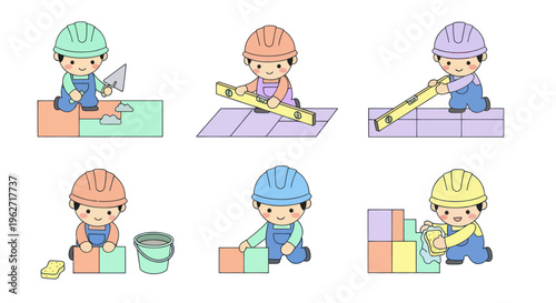 Cute Cartoon Construction Workers Building Blocks Flat Vector Illustration Set