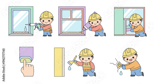 Cute Flat Design Home Renovation and Construction Tasks with Workers, Window Sealing, and Insulation