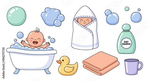 Cartoon Vector Baby Bathing Set: Adorable Infant in Tub, Towel, Shampoo, and Duck