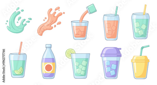 Flat Vector Cartoon Food and Beverage Drinks and Splashes Icons Set - Refreshing Beverages Collection
