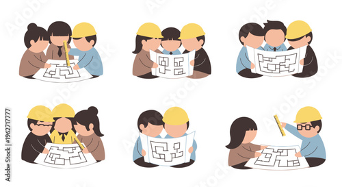Architecture Engineering Team Planning with Blueprints Flat Design Illustration