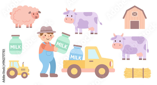 Flat Vector Farming  Dairy Industry Illustration Set with Cute Farm Animals, Farmer, Milk  Vehicles