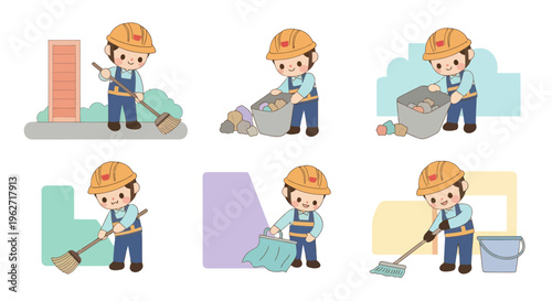 Flat Vector Illustration Set of Sanitation Worker Doing Cleaning Tasks
