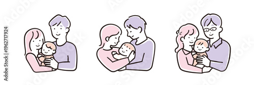 優しいシンプルカラーの赤ちゃんを抱っこする親子のイラストセット 表情違い（喜び）