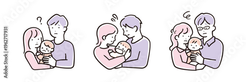 優しいシンプルカラーの赤ちゃんを抱っこする親子のイラストセット 表情違い（困る）