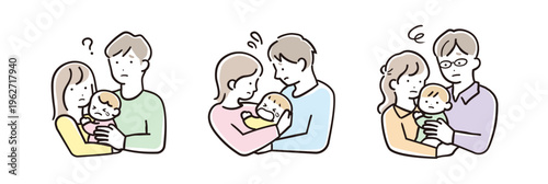 明るいパステルカラーの赤ちゃんを抱っこする親子のイラストセット 表情違い（困る）