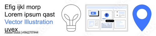 Free Download Innovation, location-based services, technology, navigation apps, data visualization, creative solutions. A light bulb, map pin and digital interface panels. Innovation and location-based services - GFXLoad