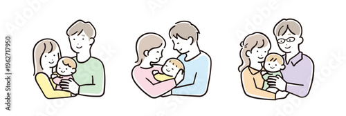 明るいパステルカラーの赤ちゃんを抱っこする親子のイラストセット 表情違い（喜び）