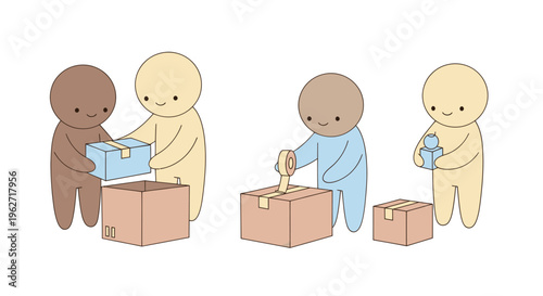 Flat Vector Illustration: Cute People Packing Boxes and Giving Gifts for Charity and Donations