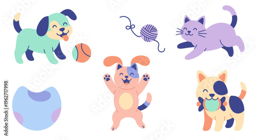 Cute Flat Style Pets Playing Illustration: Happy Dogs, Cats, Ball, Yarn, and Pet Bowl