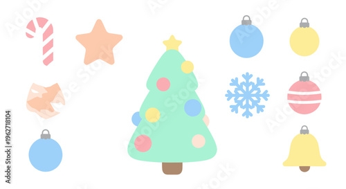 Cute Flat Pastel Christmas Holiday Icon Set with Tree, Ornaments, Candy Cane  Snowflake