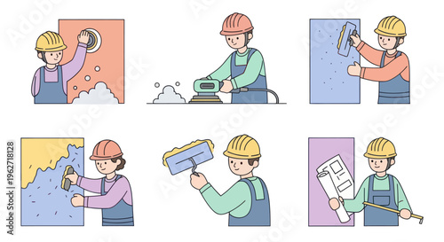Construction and Renovation Workers Performing Tasks - Flat Line Art Illustration