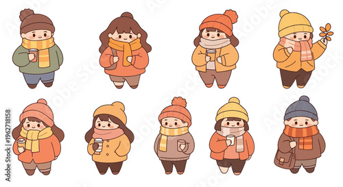 Cute Flat Cartoon Vector Illustration of Cozy Winter Chibi Characters Drinking Warm Beverages, Seasonal Lifestyle Concept