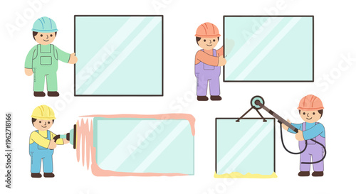 Construction Glazier Workers Installing and Cleaning Windows Flat Vector Illustration