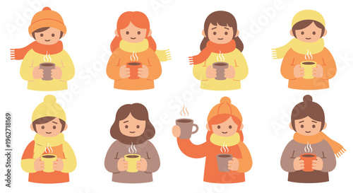 Flat Vector Illustration: Diverse People Enjoying Hot Drinks in Winter. Cozy Lifestyle Characters.